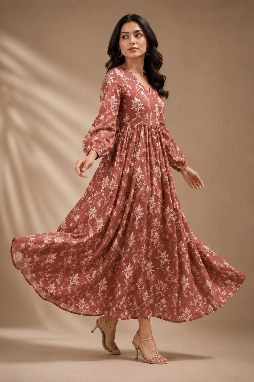 Printed Puff Sleeves Maxi Dress