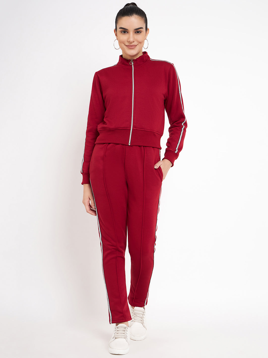 Women Solid Mock Collar Tracksuit
