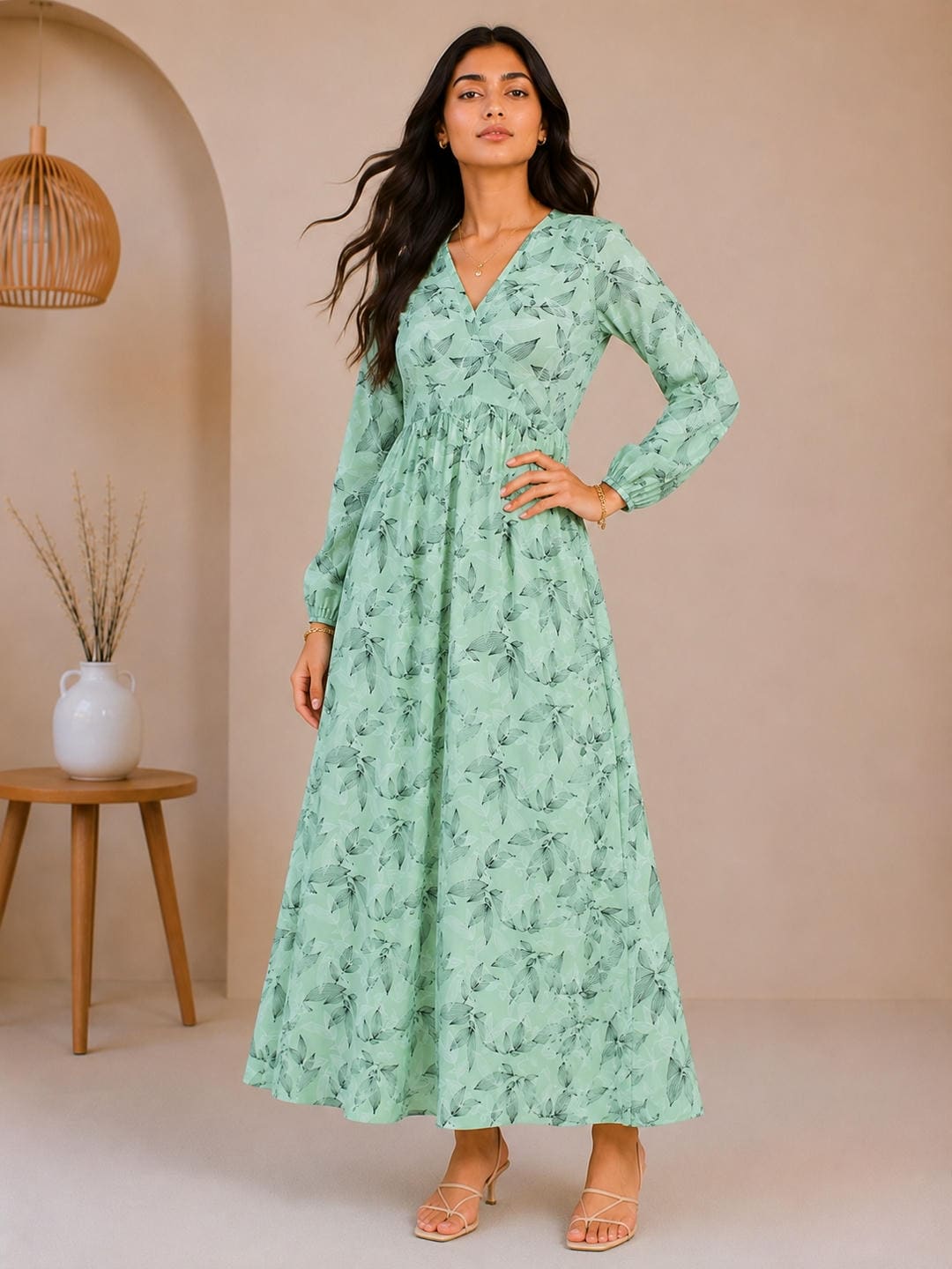 Printed Puff Sleeves Maxi Dress