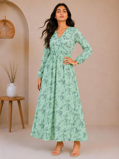 Printed Puff Sleeves Maxi Dress