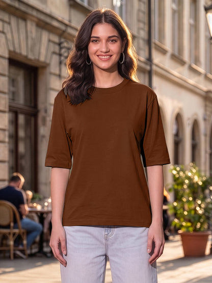 BRINNS Women Solid Round Neck Cotton T-shirt