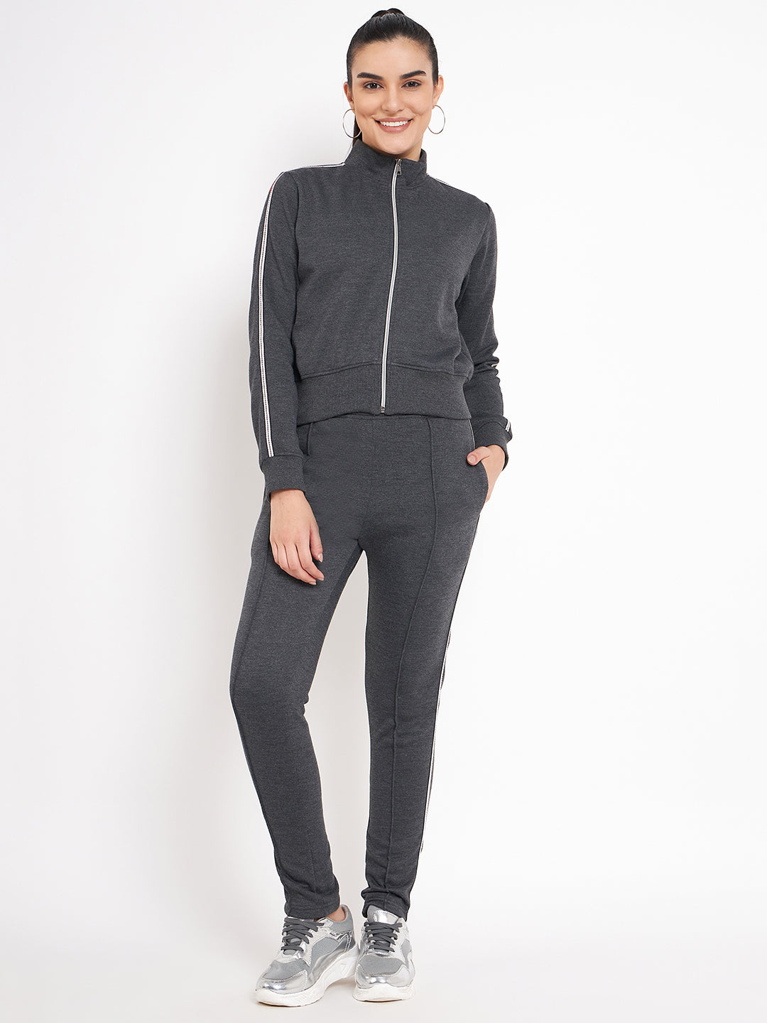 Women Solid Mock Collar Tracksuit