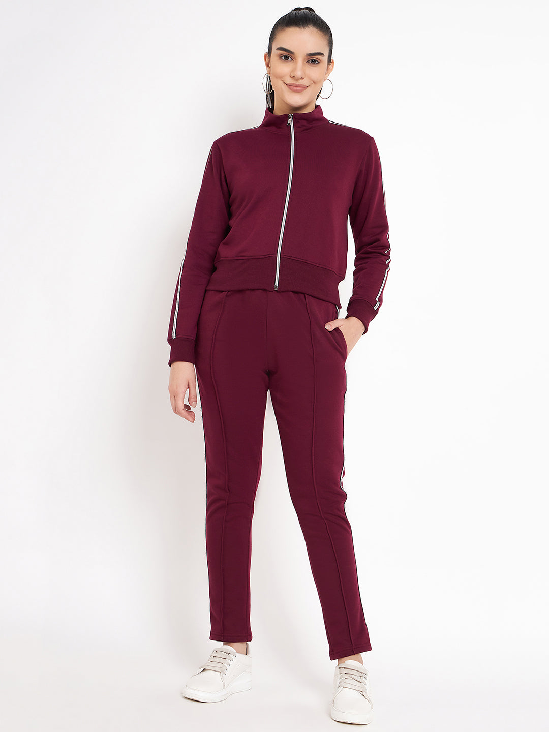Women Solid Mock Collar Tracksuit