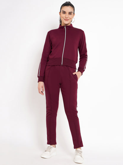 Women Solid Mock Collar Tracksuit