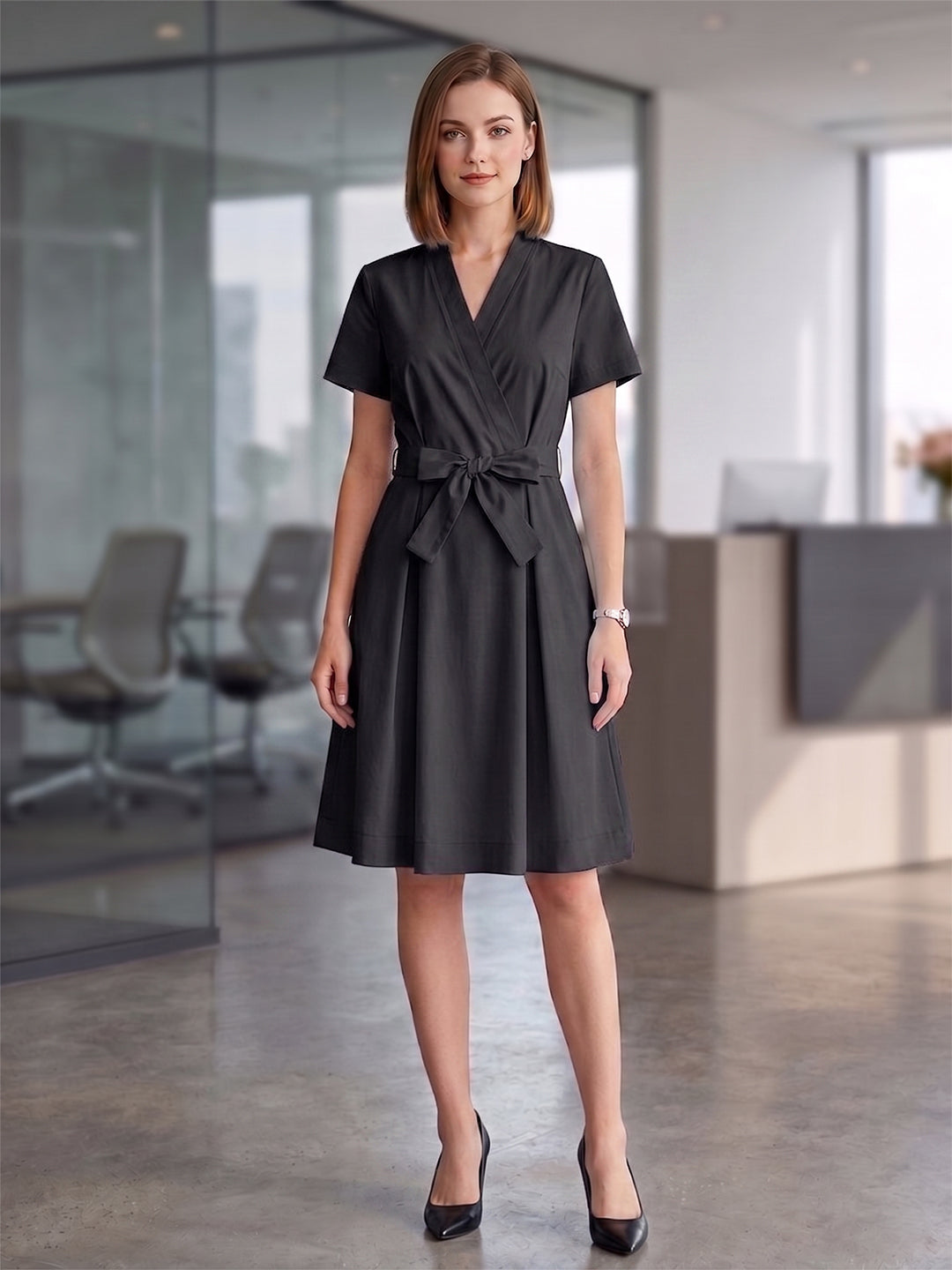 Cotton V-Neck dress with a waist tie-up