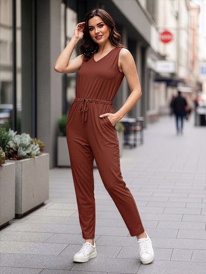 BRINNS Women V-Neck Pure Cotton Jumpsuit with Waist Tie-Up