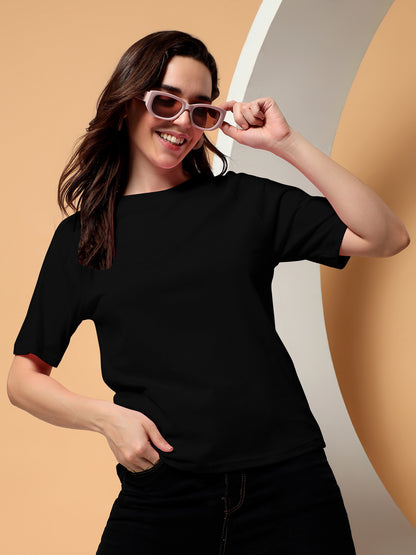 BRINNS Women Solid Raglan Sleeves Round Neck Cotton T-shirt