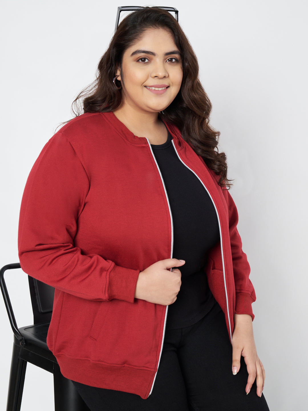 Pluslane Solid Fleece Bomber Jacket