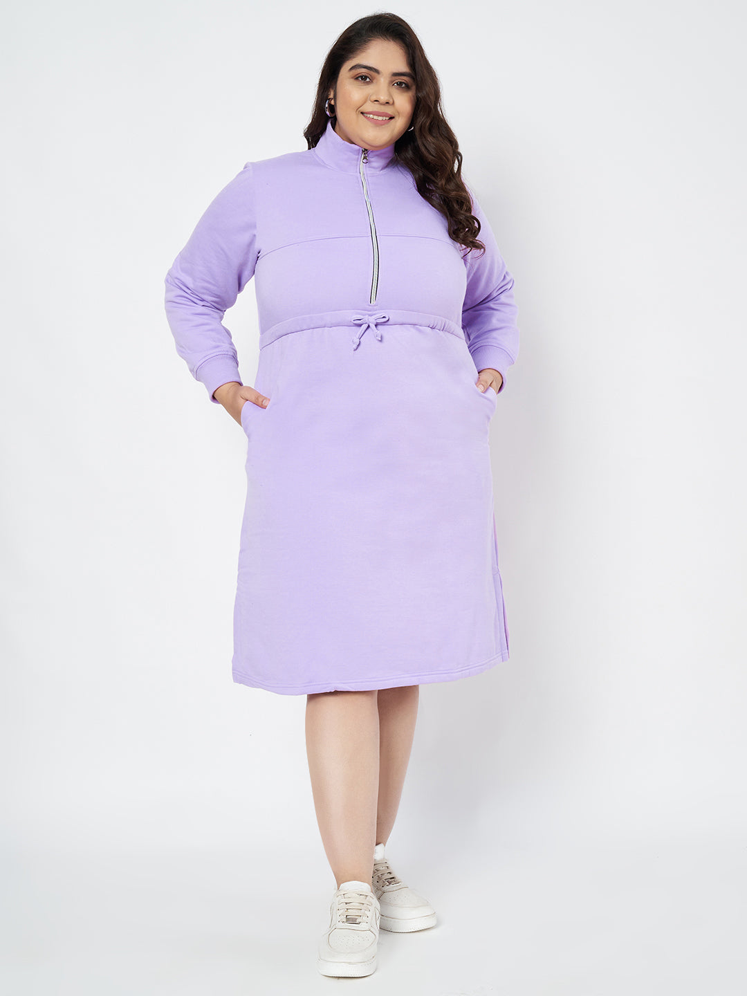 Pluslane Solid Mock Neck A-Line Midi Dress