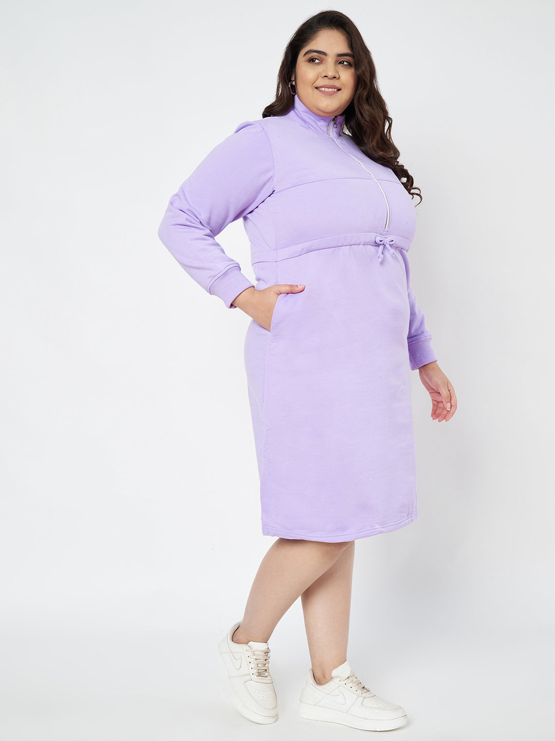 Pluslane Solid Mock Neck A-Line Midi Dress