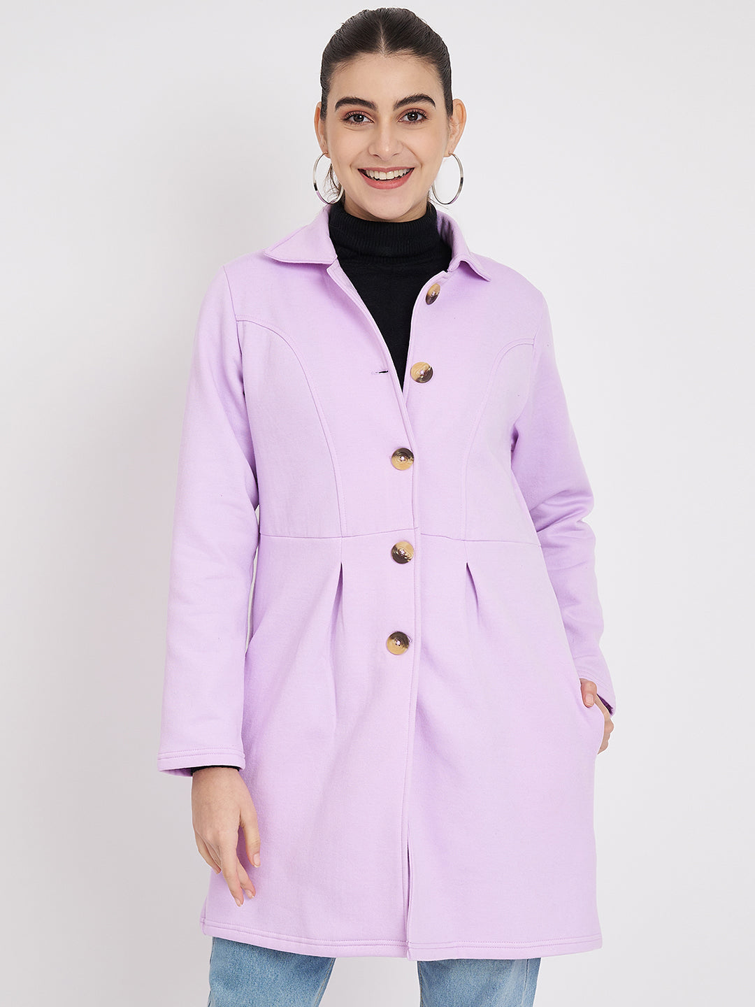 Notched Collar Hip Length Fleece Overcoat