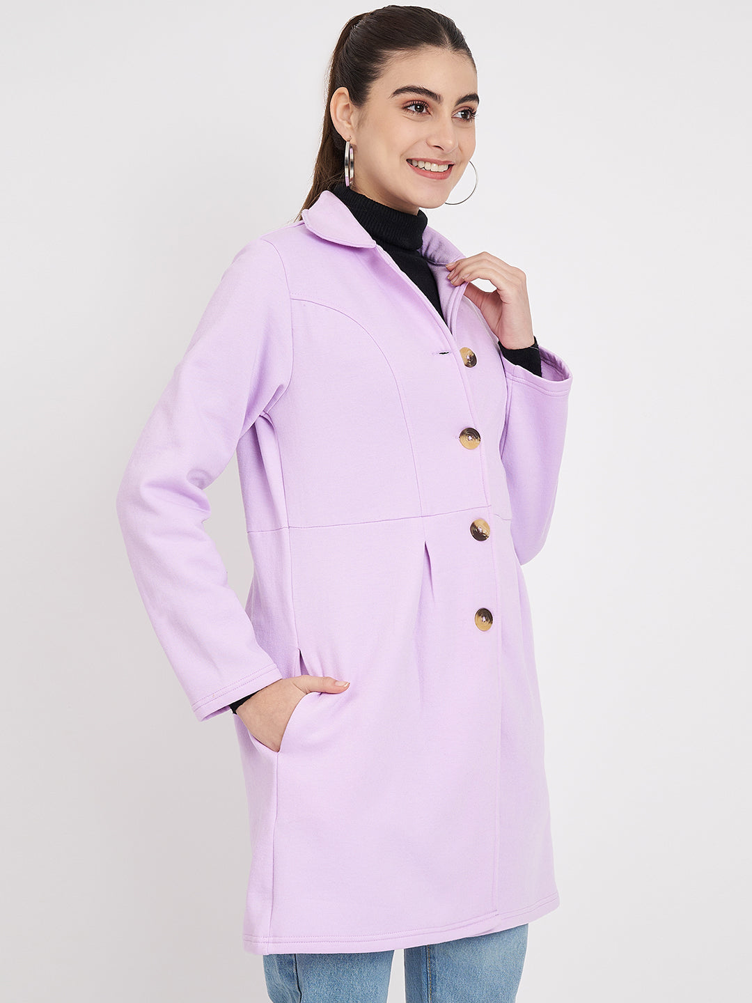 Notched Collar Hip Length Fleece Overcoat