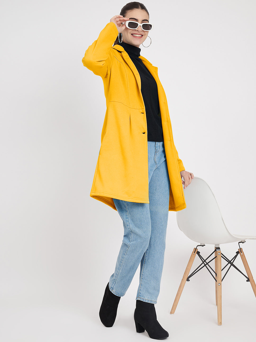 Notched Collar Hip Length Fleece Overcoat