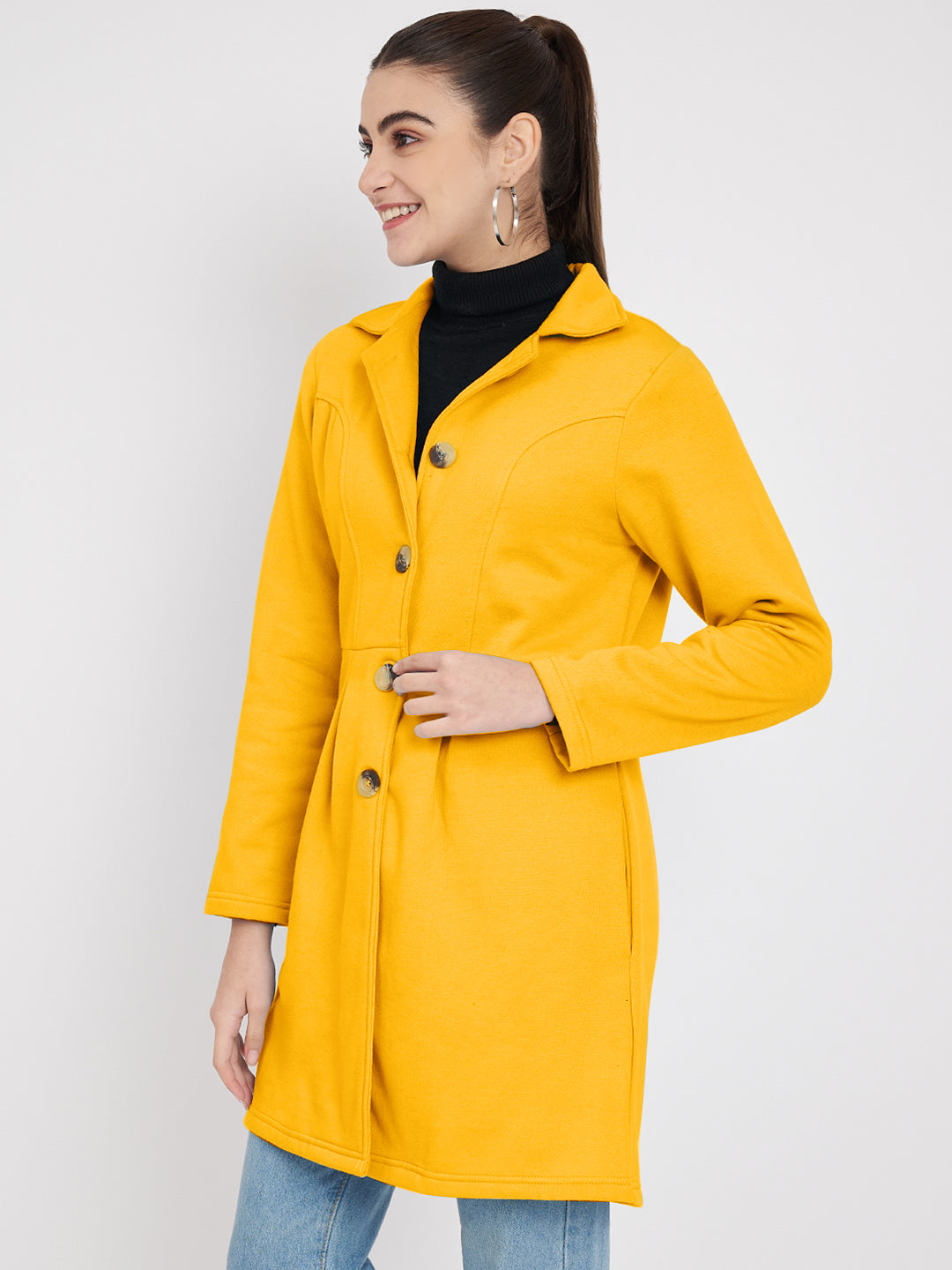 Notched Collar Hip Length Fleece Overcoat