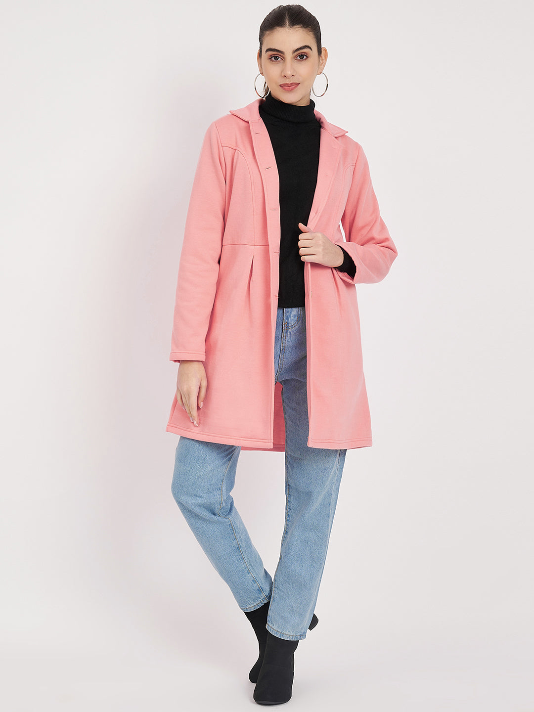Notched Collar Hip Length Fleece Overcoat