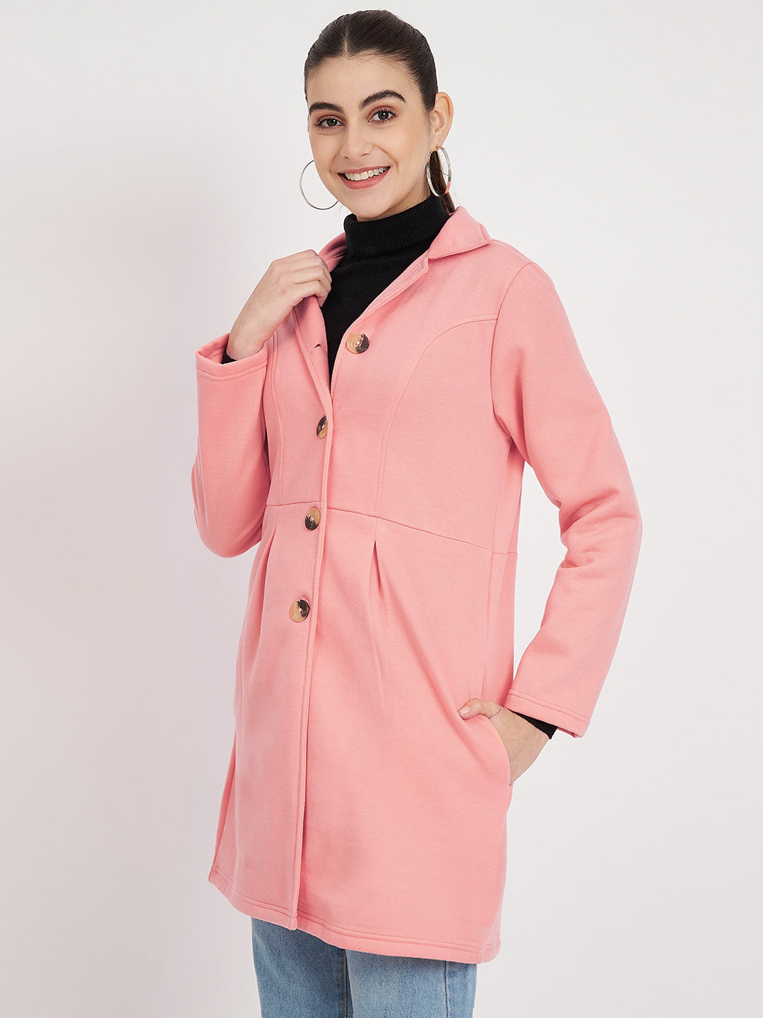 Notched Collar Hip Length Fleece Overcoat