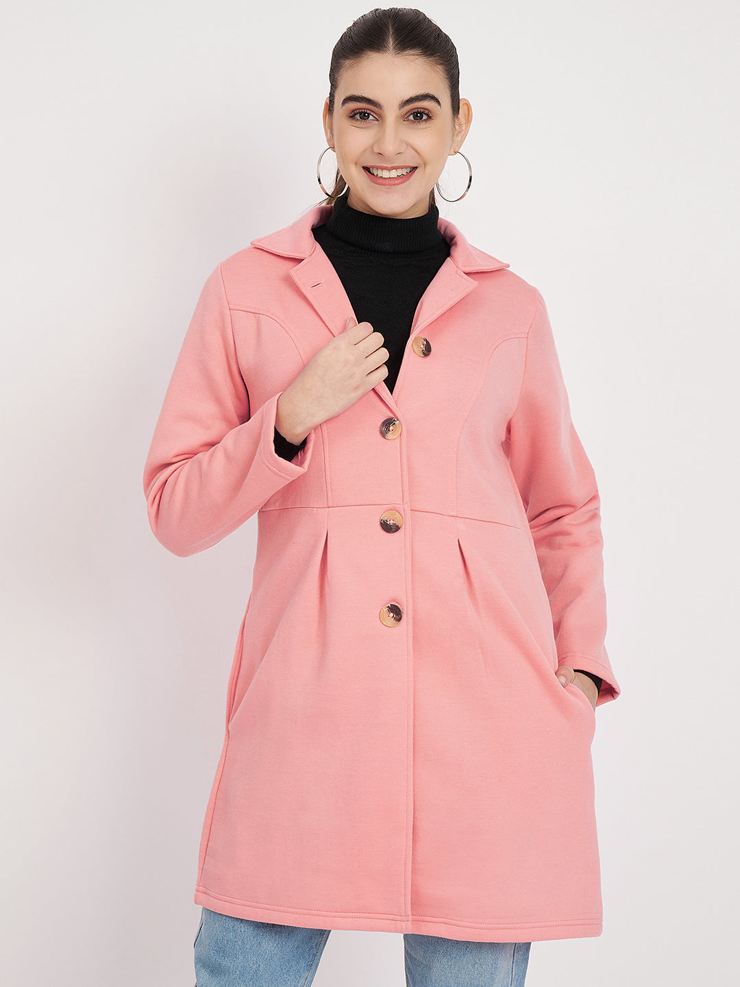 Notched Collar Hip Length Fleece Overcoat
