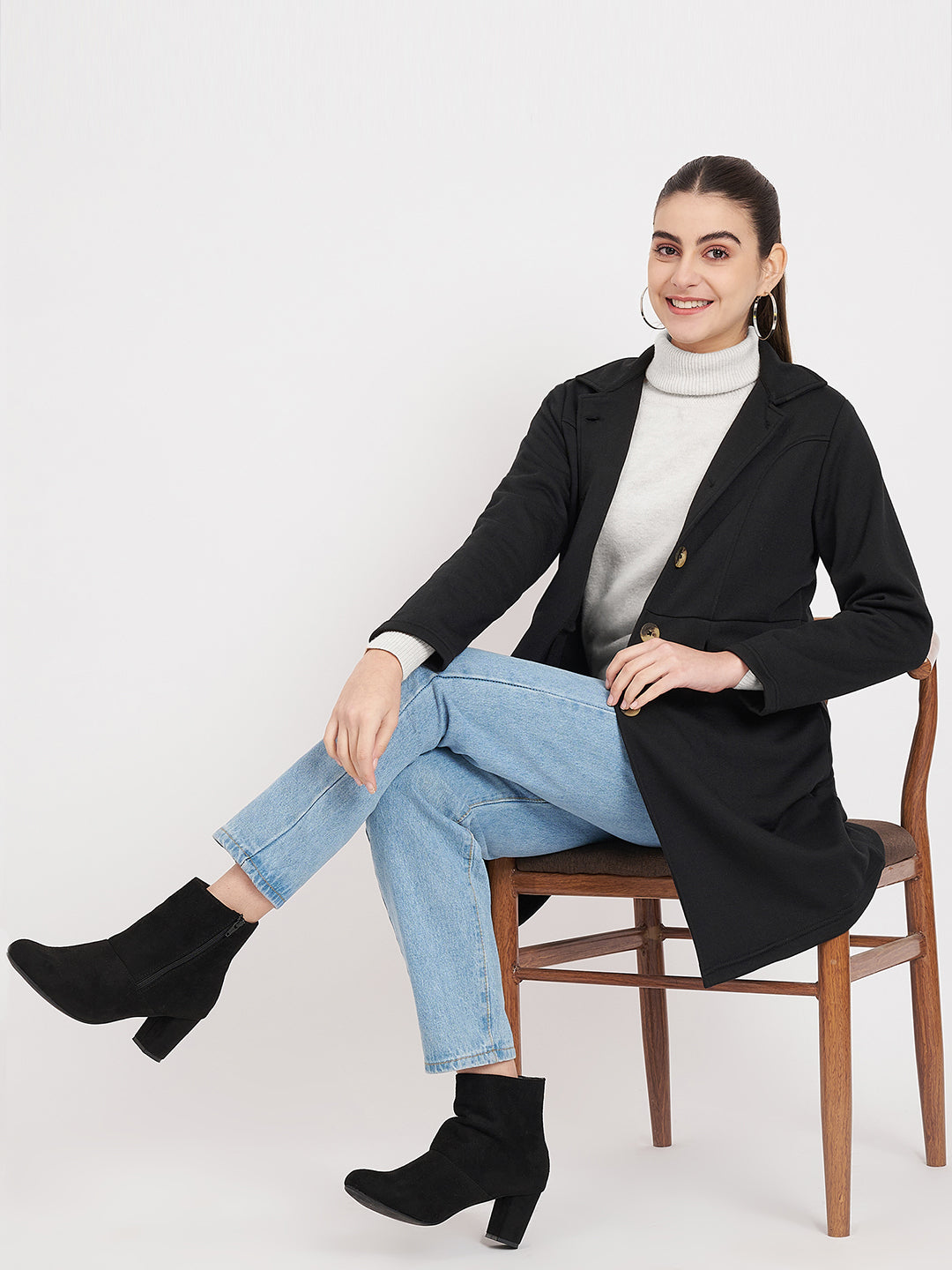 Notched Collar Hip Length Fleece Overcoat