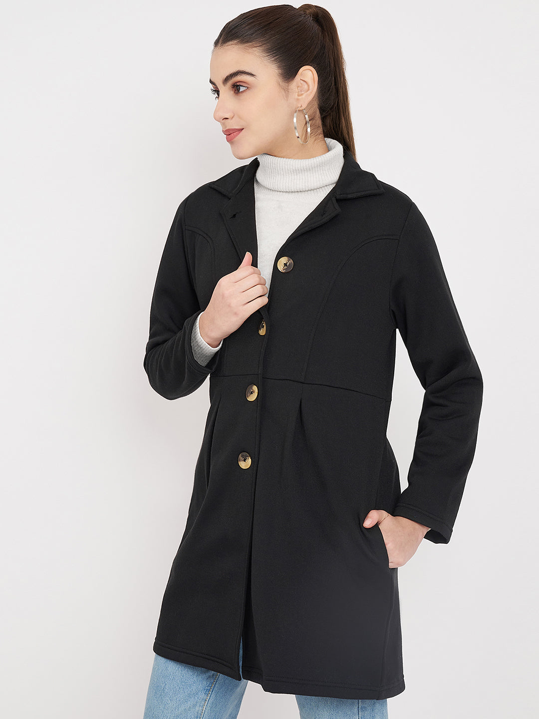 Notched Collar Hip Length Fleece Overcoat