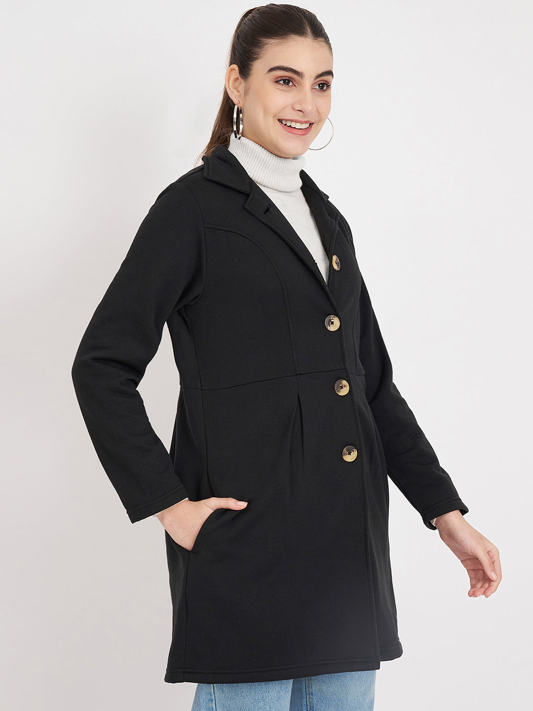 Notched Collar Hip Length Fleece Overcoat