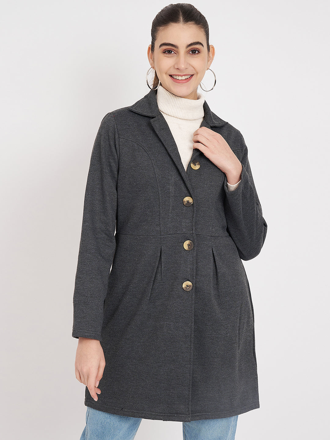 Notched Collar Hip Length Fleece Overcoat