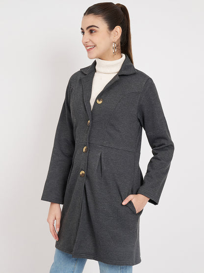 Notched Collar Hip Length Fleece Overcoat