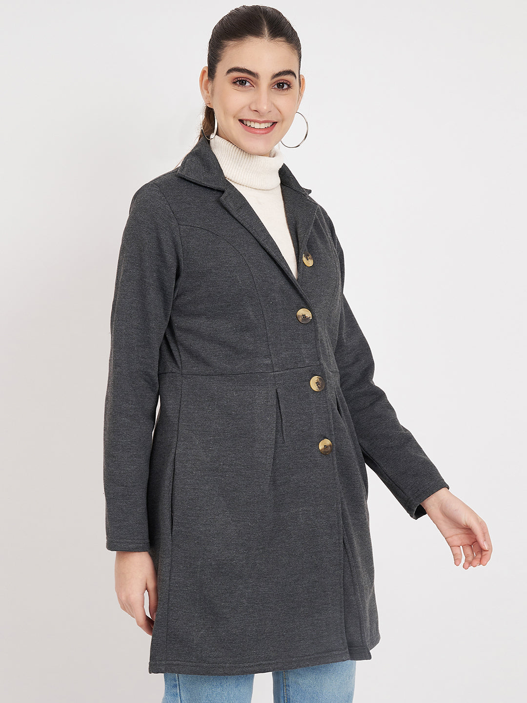 Notched Collar Hip Length Fleece Overcoat
