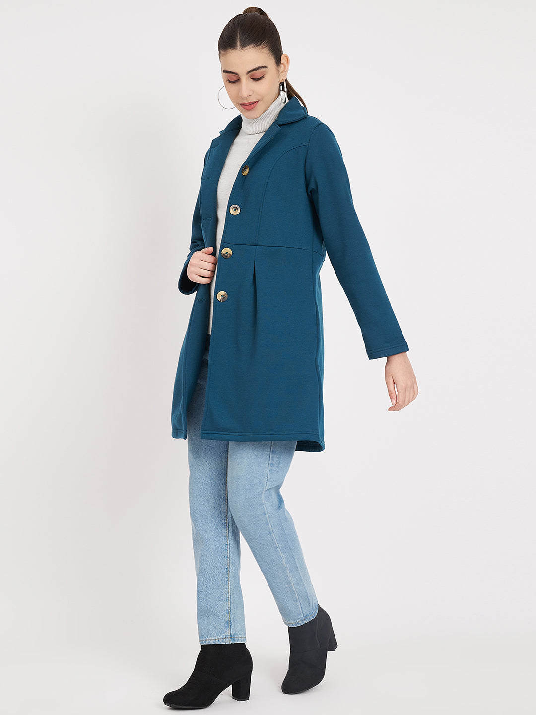 Notched Collar Hip Length Fleece Overcoat