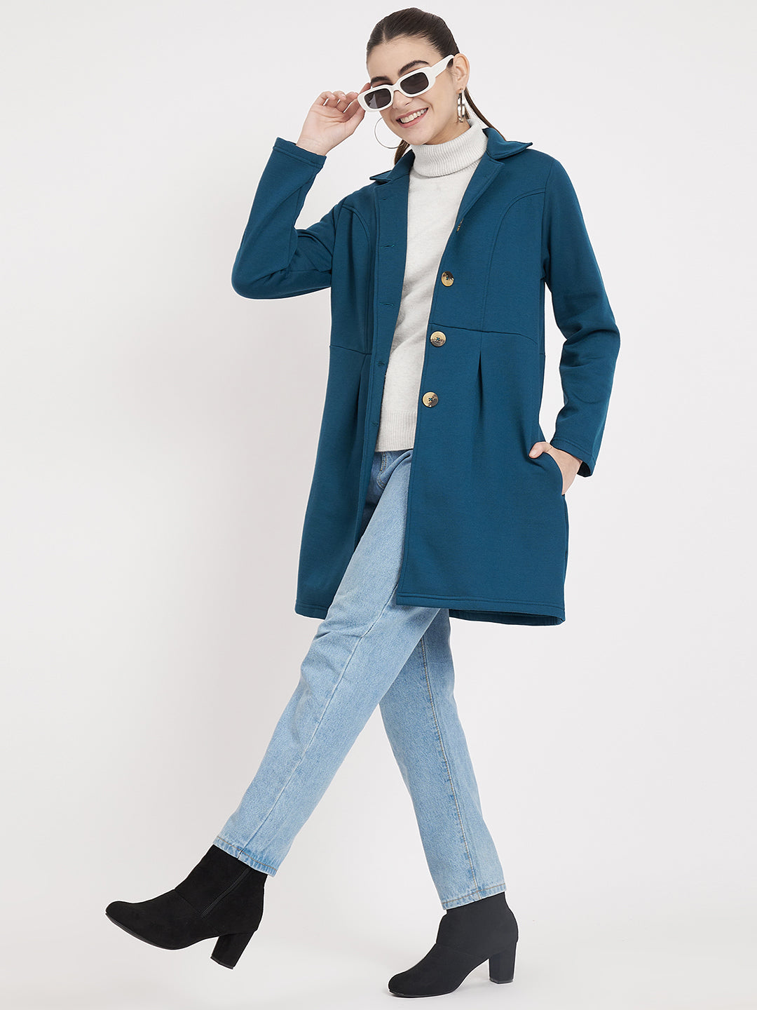 Notched Collar Hip Length Fleece Overcoat