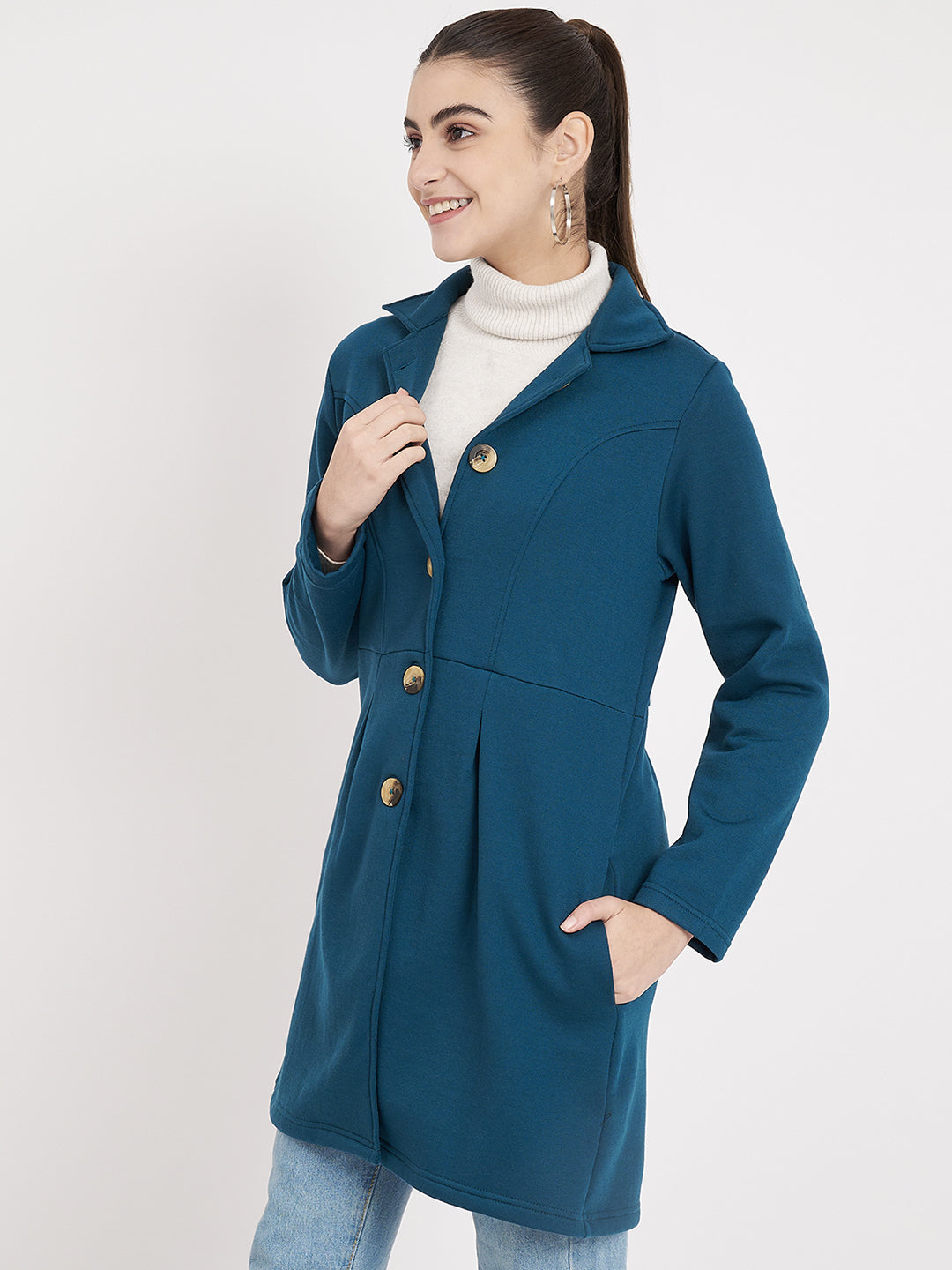Notched Collar Hip Length Fleece Overcoat