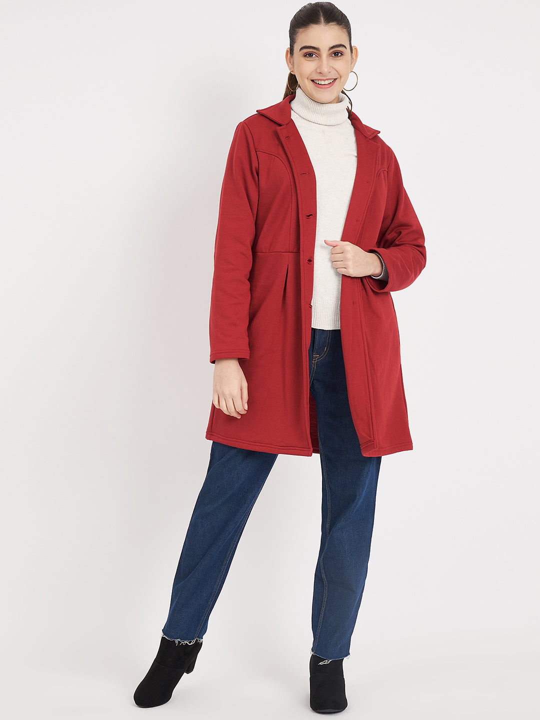 Notched Collar Hip Length Fleece Overcoat