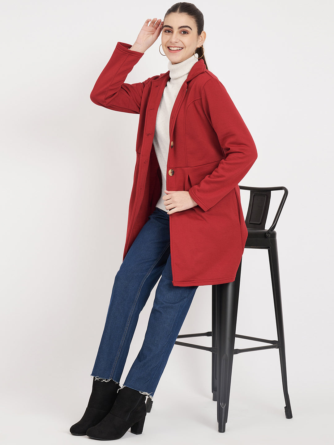 Notched Collar Hip Length Fleece Overcoat
