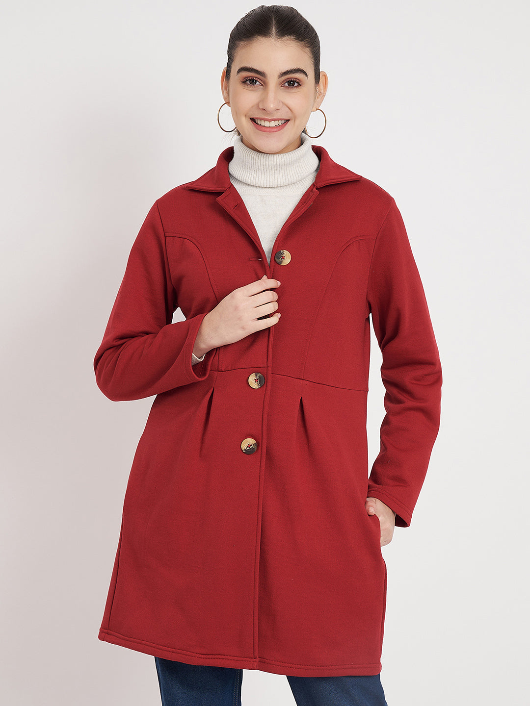 Notched Collar Hip Length Fleece Overcoat