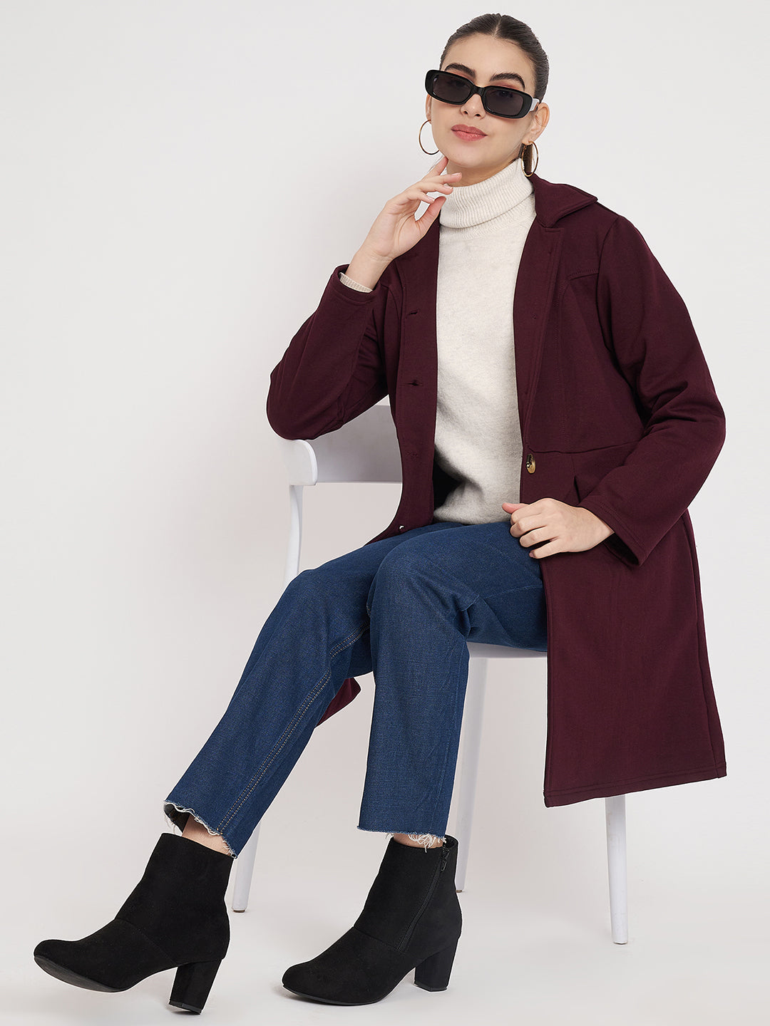 Notched Collar Hip Length Fleece Overcoat