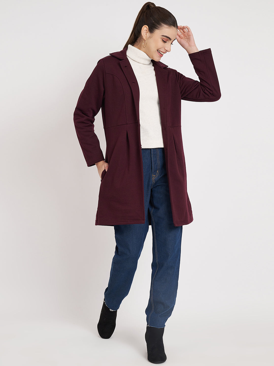 Notched Collar Hip Length Fleece Overcoat