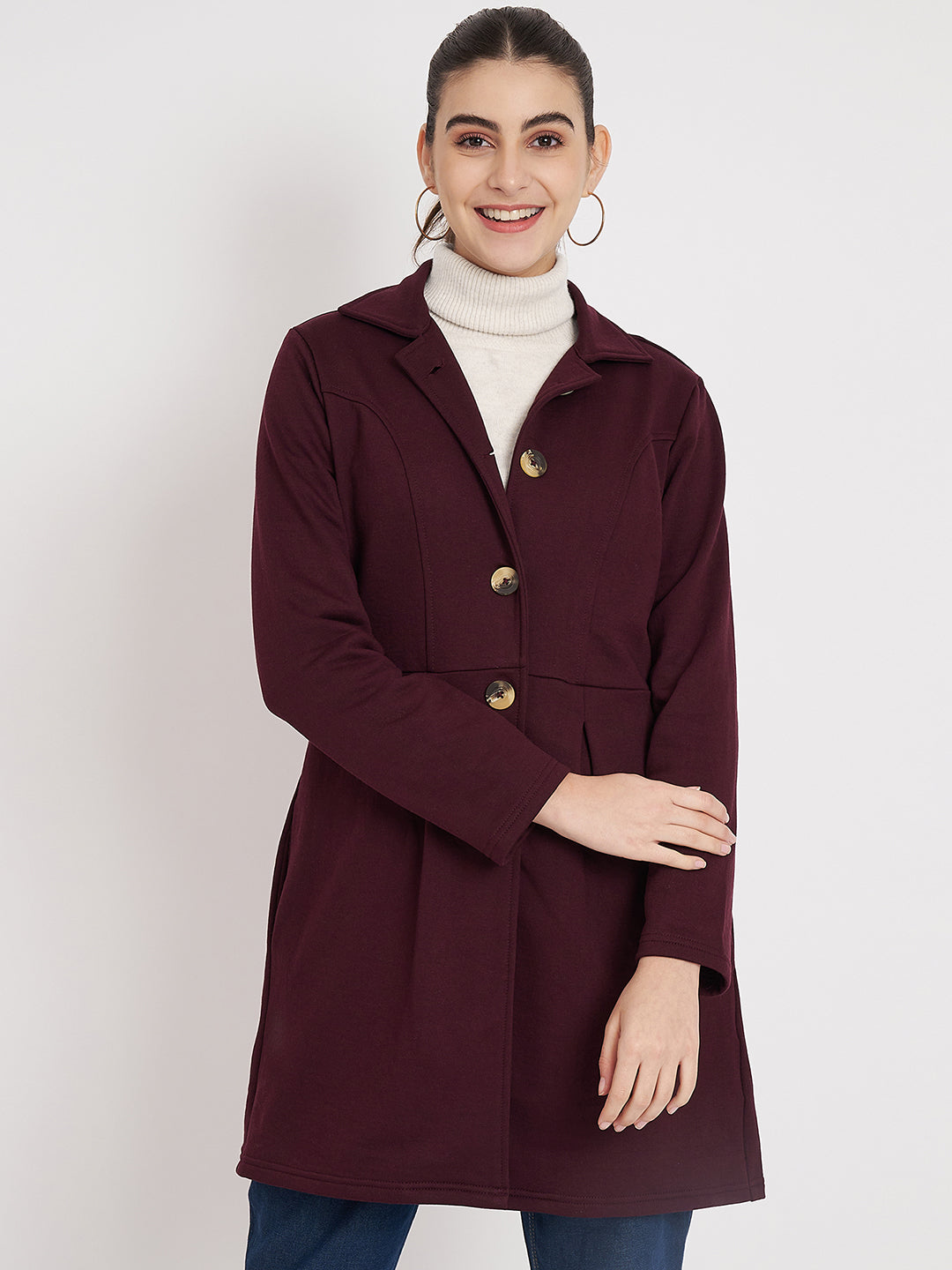 Notched Collar Hip Length Fleece Overcoat