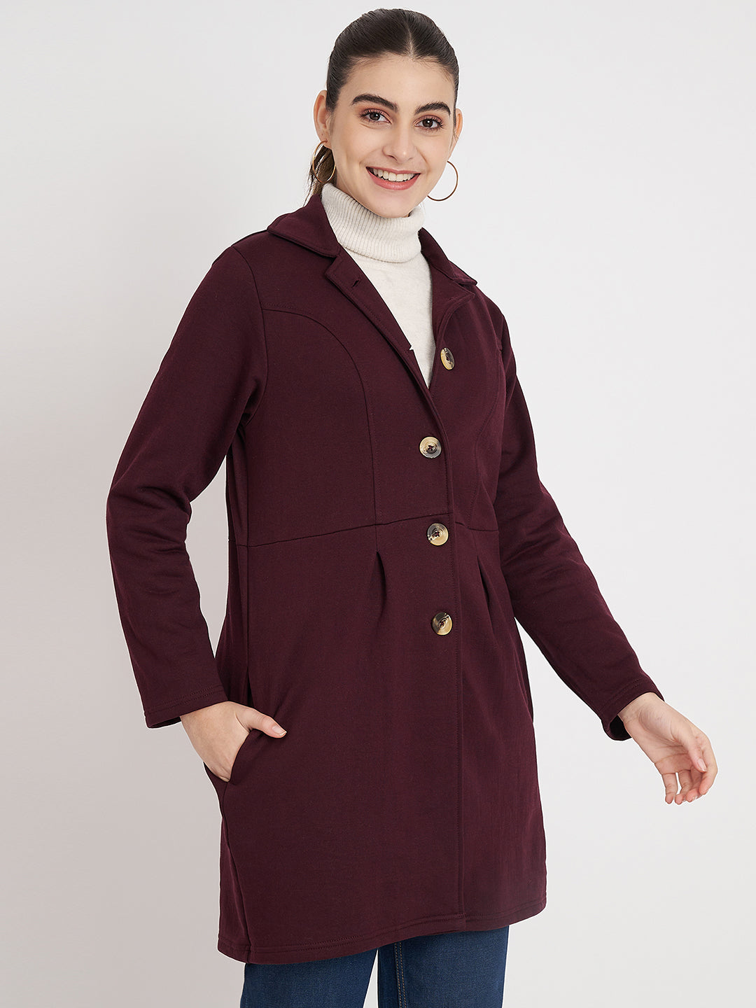 Notched Collar Hip Length Fleece Overcoat