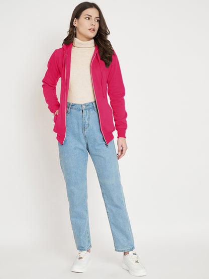 Solid Fleece-Lined Zip-Closure Hooded Sweatshirt with Pockets