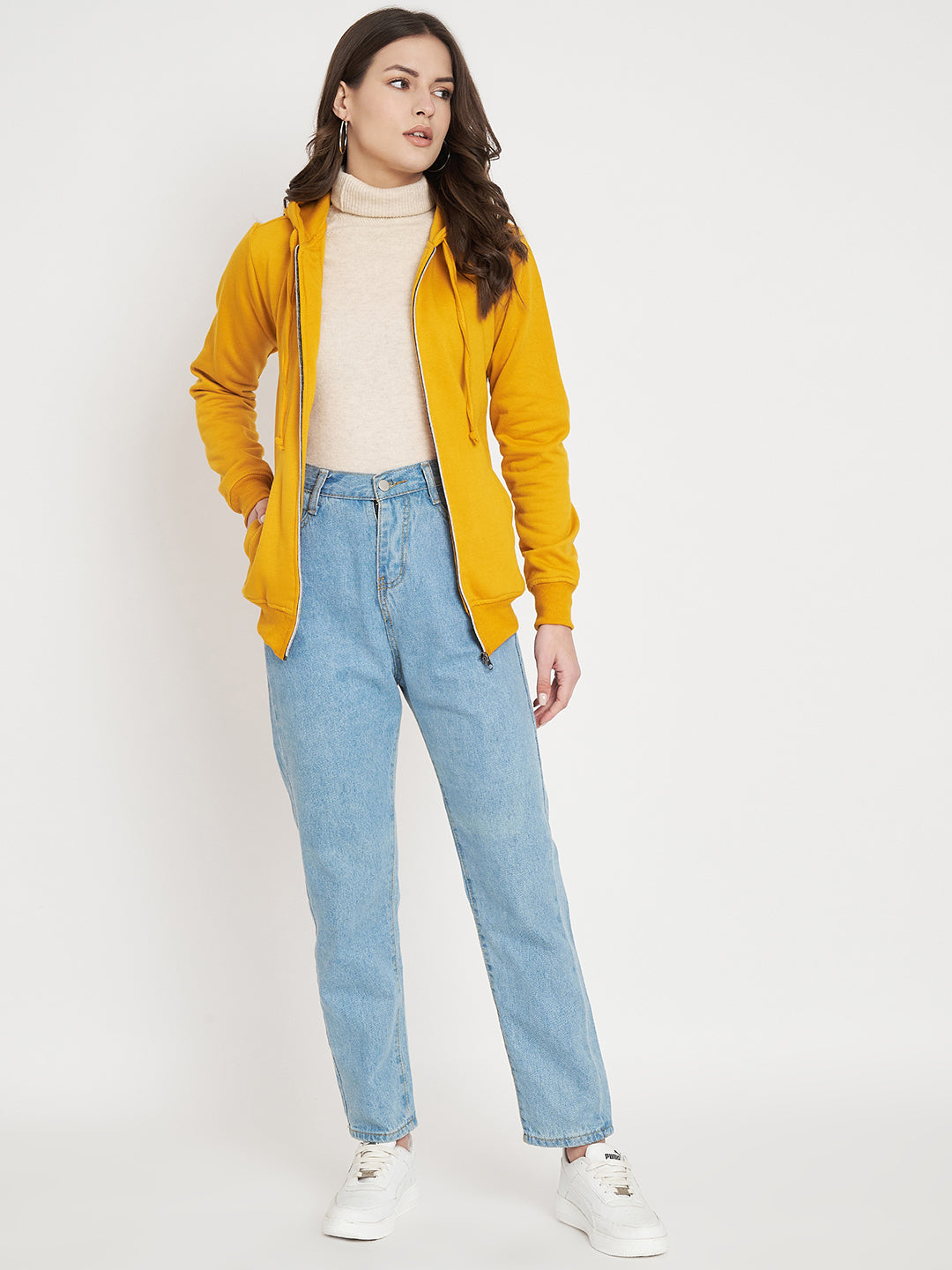 Solid Fleece-Lined Zip-Closure Hooded Sweatshirt with Pockets