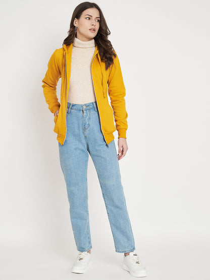 Solid Fleece-Lined Zip-Closure Hooded Sweatshirt with Pockets