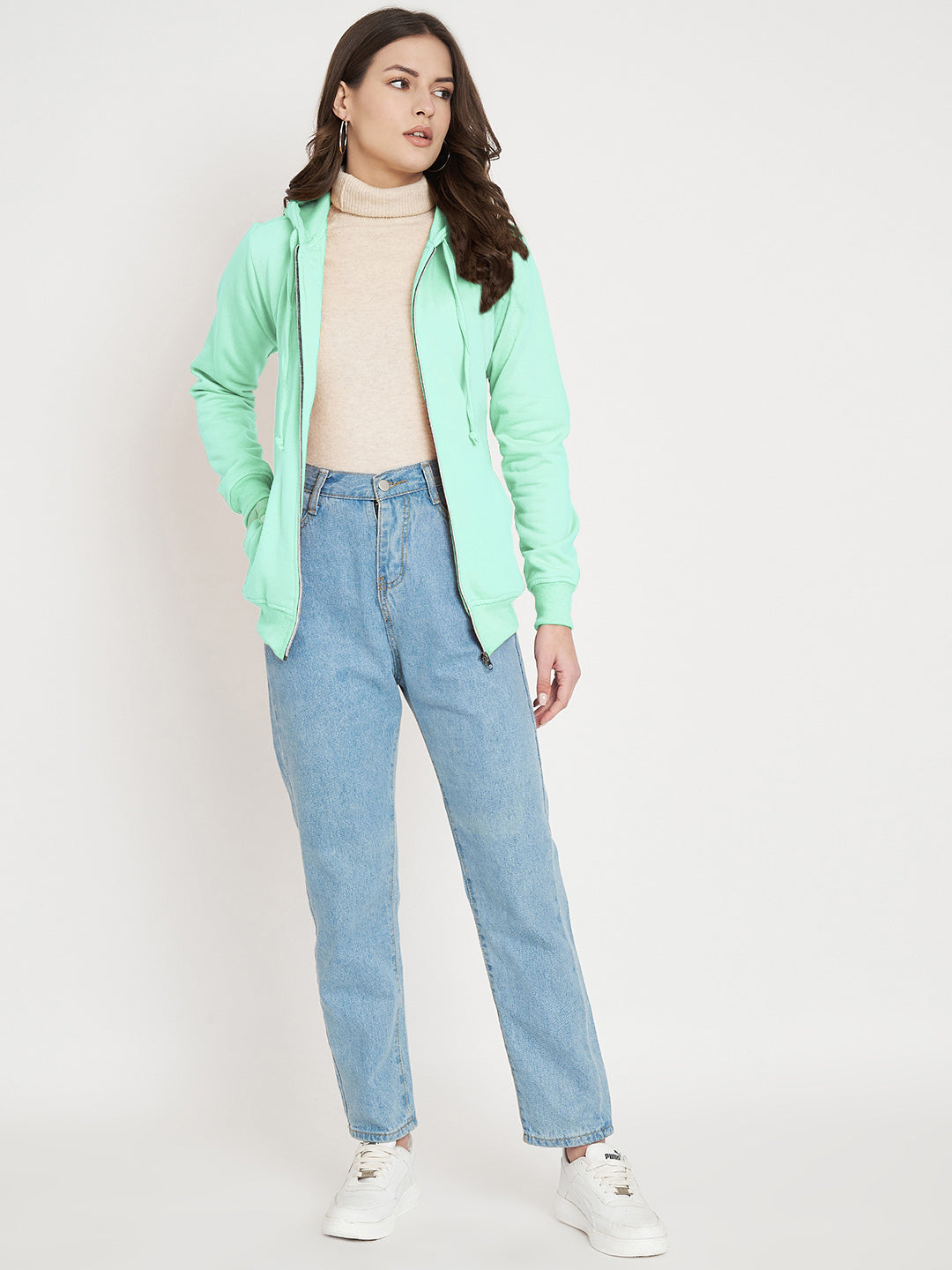 Solid Fleece-Lined Zip-Closure Hooded Sweatshirt with Pockets