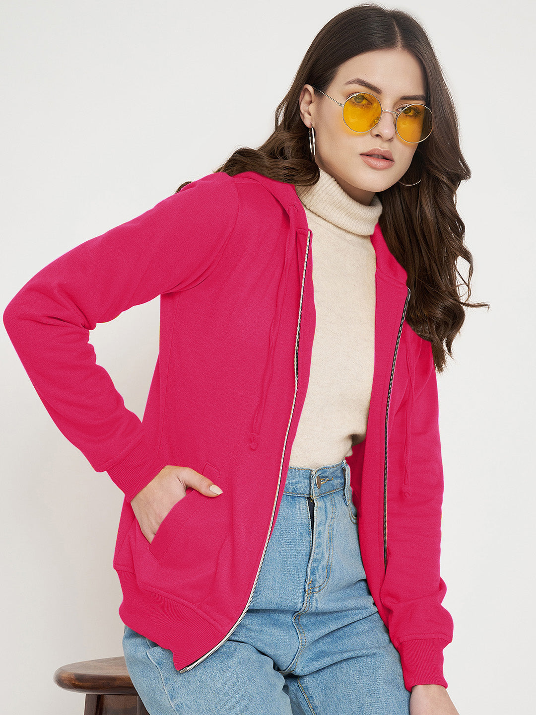 Solid Fleece-Lined Zip-Closure Hooded Sweatshirt with Pockets