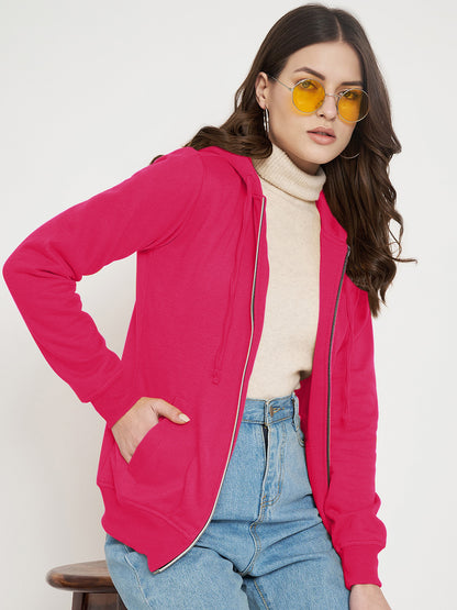 Solid Fleece-Lined Zip-Closure Hooded Sweatshirt with Pockets