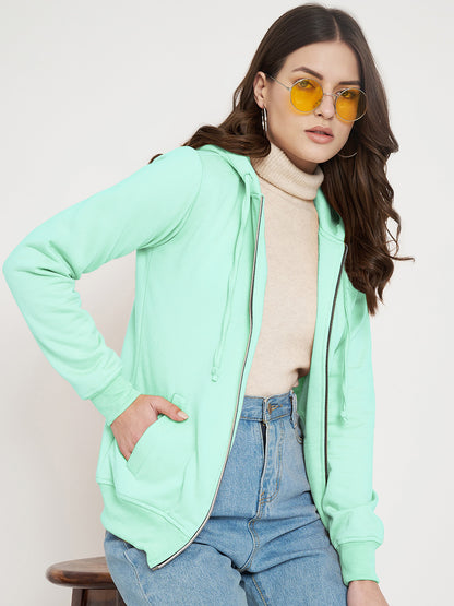Solid Fleece-Lined Zip-Closure Hooded Sweatshirt with Pockets