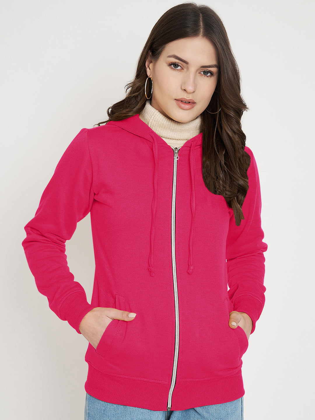 Solid Fleece-Lined Zip-Closure Hooded Sweatshirt with Pockets