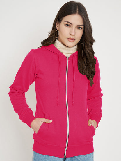 Solid Fleece-Lined Zip-Closure Hooded Sweatshirt with Pockets