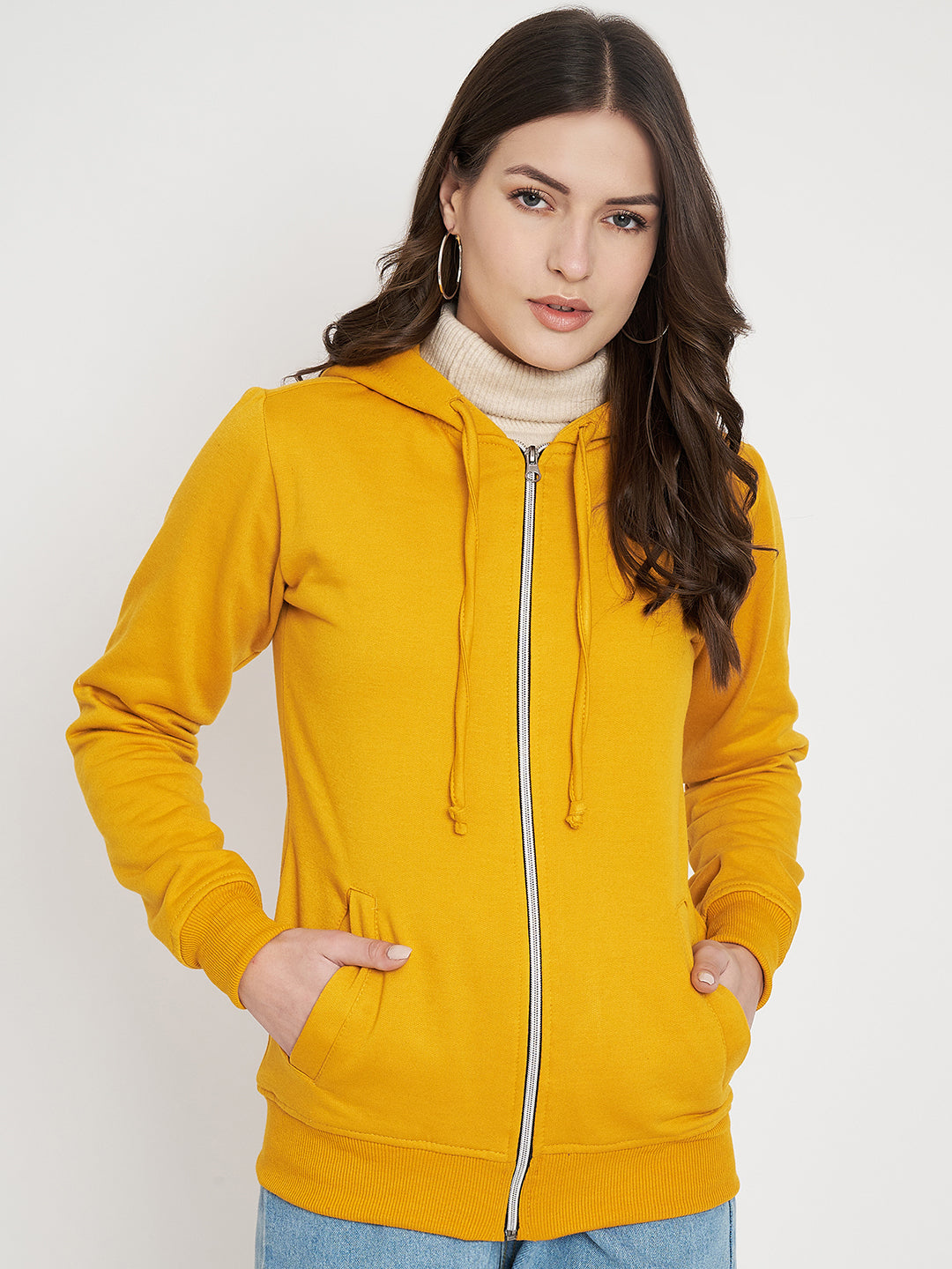 Solid Fleece-Lined Zip-Closure Hooded Sweatshirt with Pockets