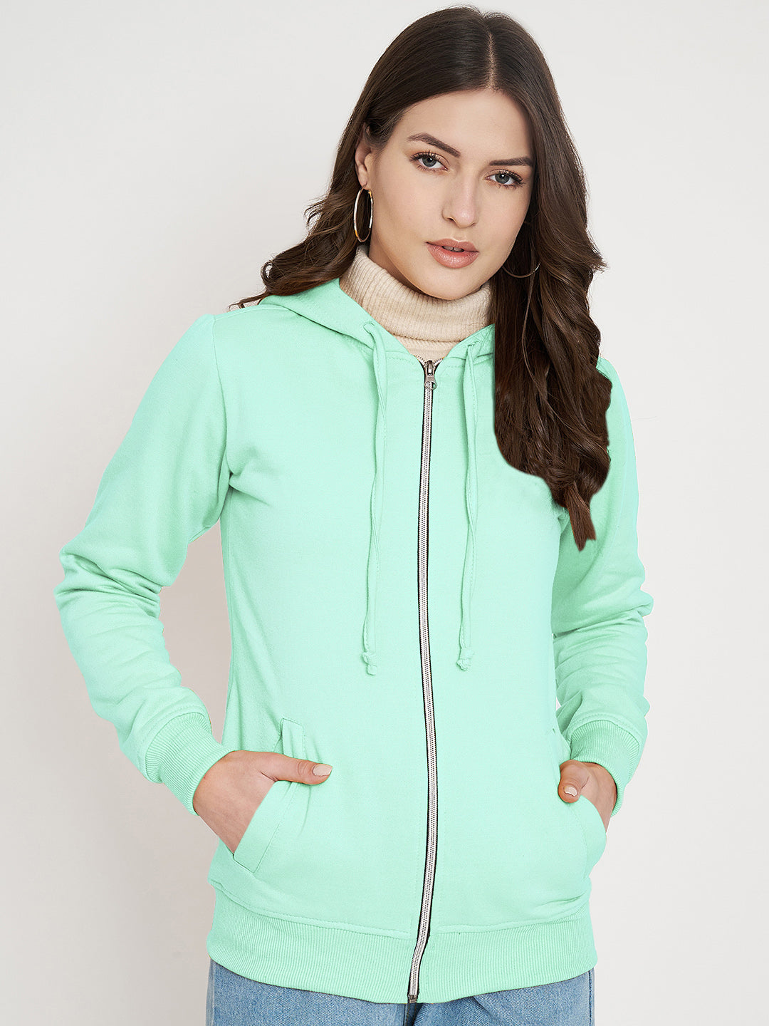 Solid Fleece-Lined Zip-Closure Hooded Sweatshirt with Pockets