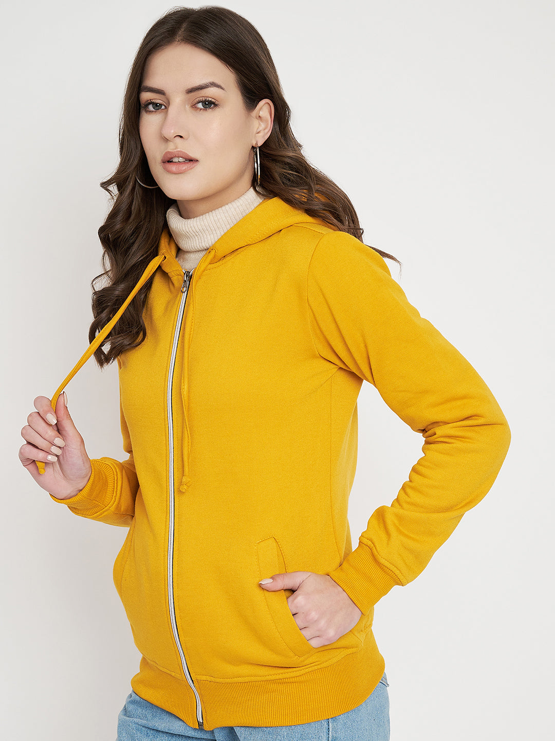Solid Fleece-Lined Zip-Closure Hooded Sweatshirt with Pockets
