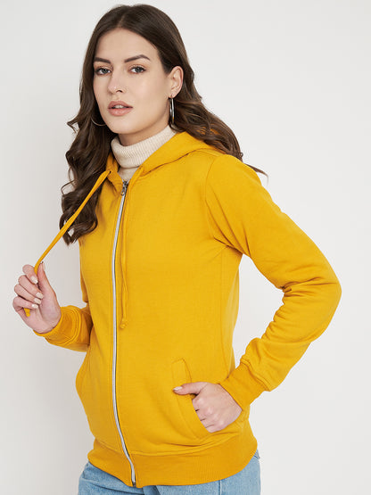 Solid Fleece-Lined Zip-Closure Hooded Sweatshirt with Pockets